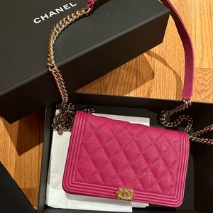 Chanel grained boy wallet on a chain, includes authentication card, bag, and box